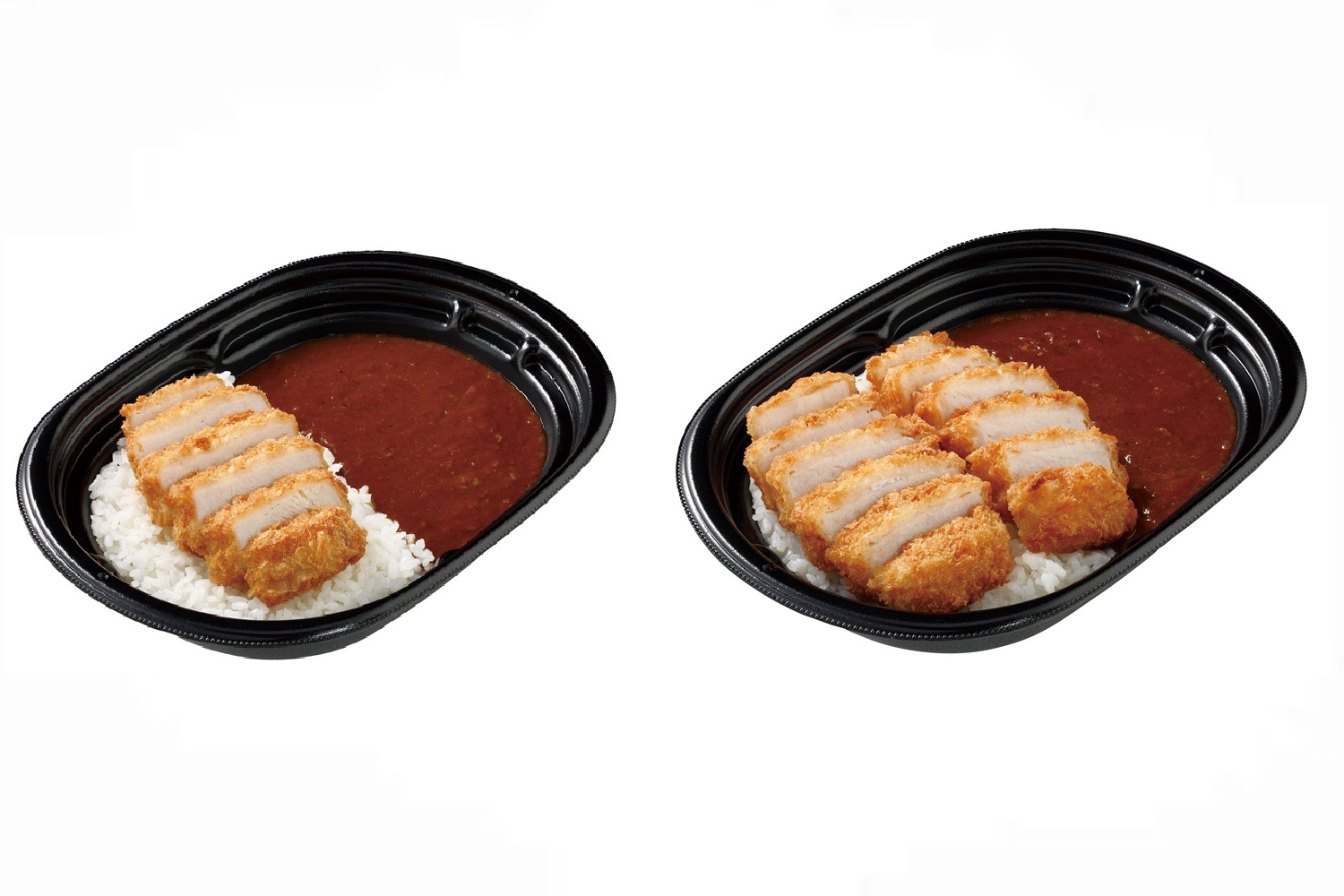 左が従来品、右が「盛りすぎ！カツカレー（中辛）」（697円）