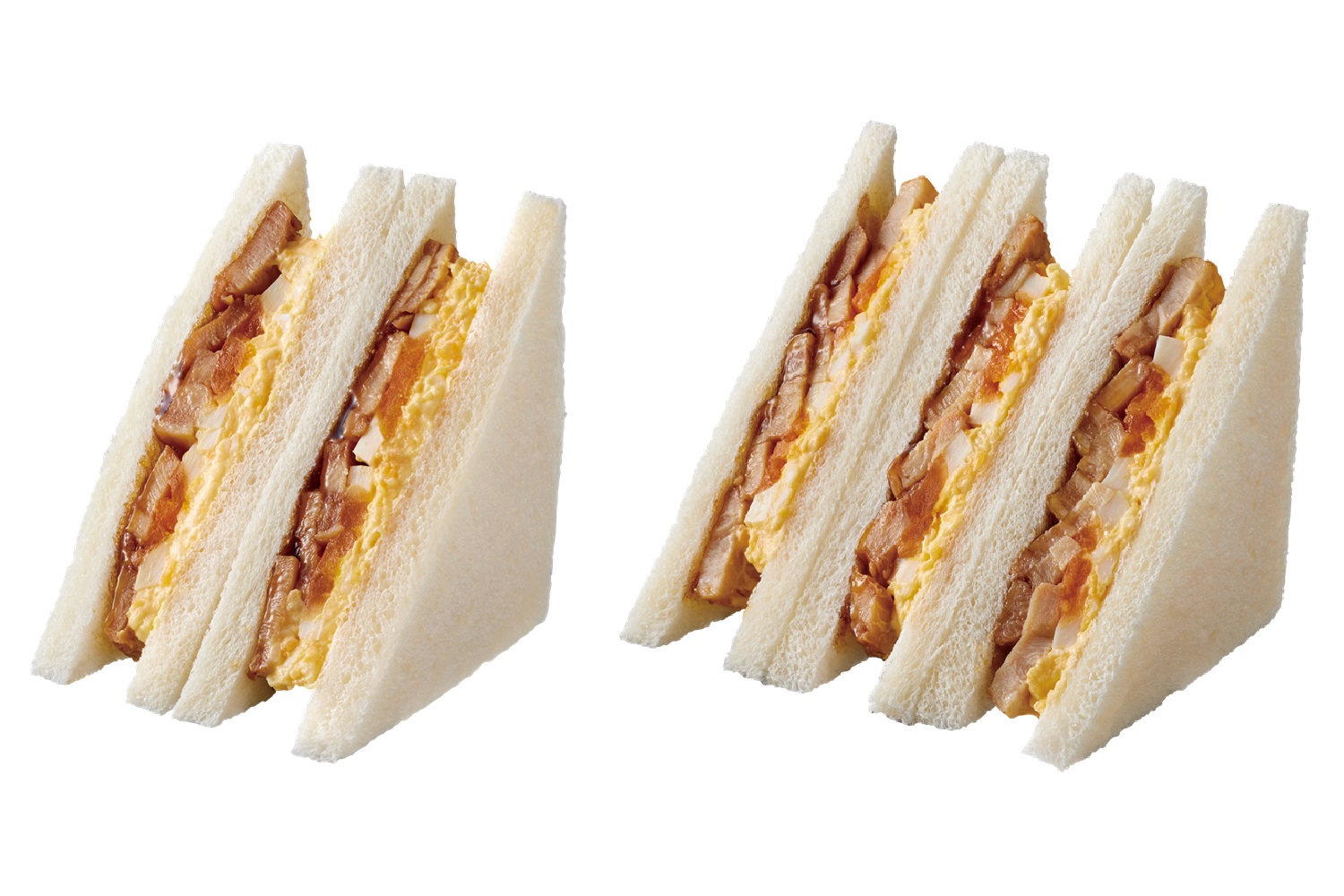左が従来品、右が「盛りすぎ！照焼チキンたまごサンド」（365円）