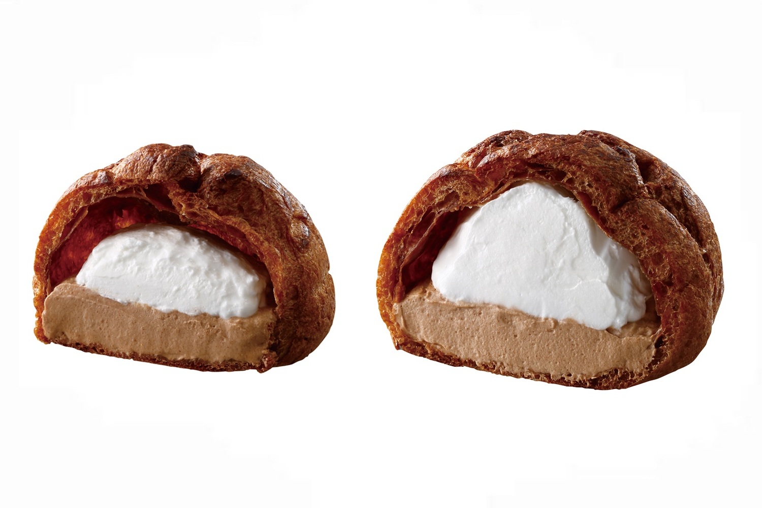 左が従来品、右が「盛りすぎ！大きなチョコシュー（チョコクリーム＆ホイップ）」（194円）