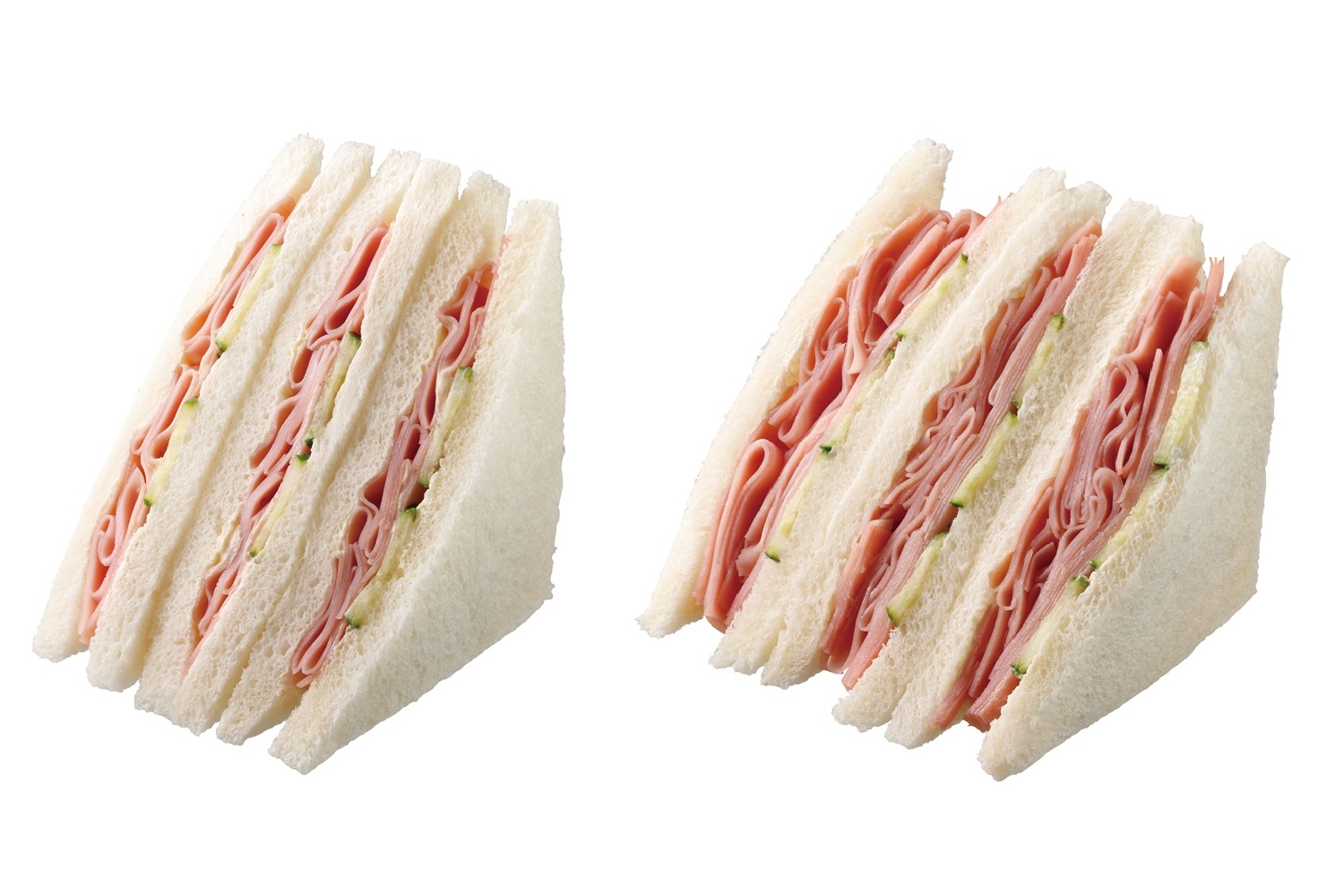 左が従来品、右が「盛りすぎ！ハムサンド」（343円）