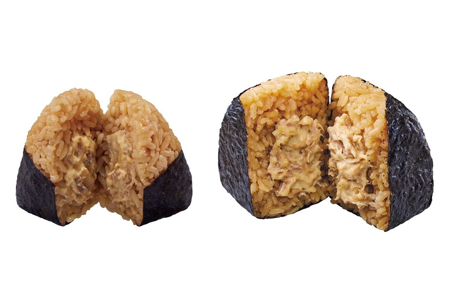 左が従来品、右が「盛りすぎ！和風シーチキンマヨネーズおにぎり」（181円）