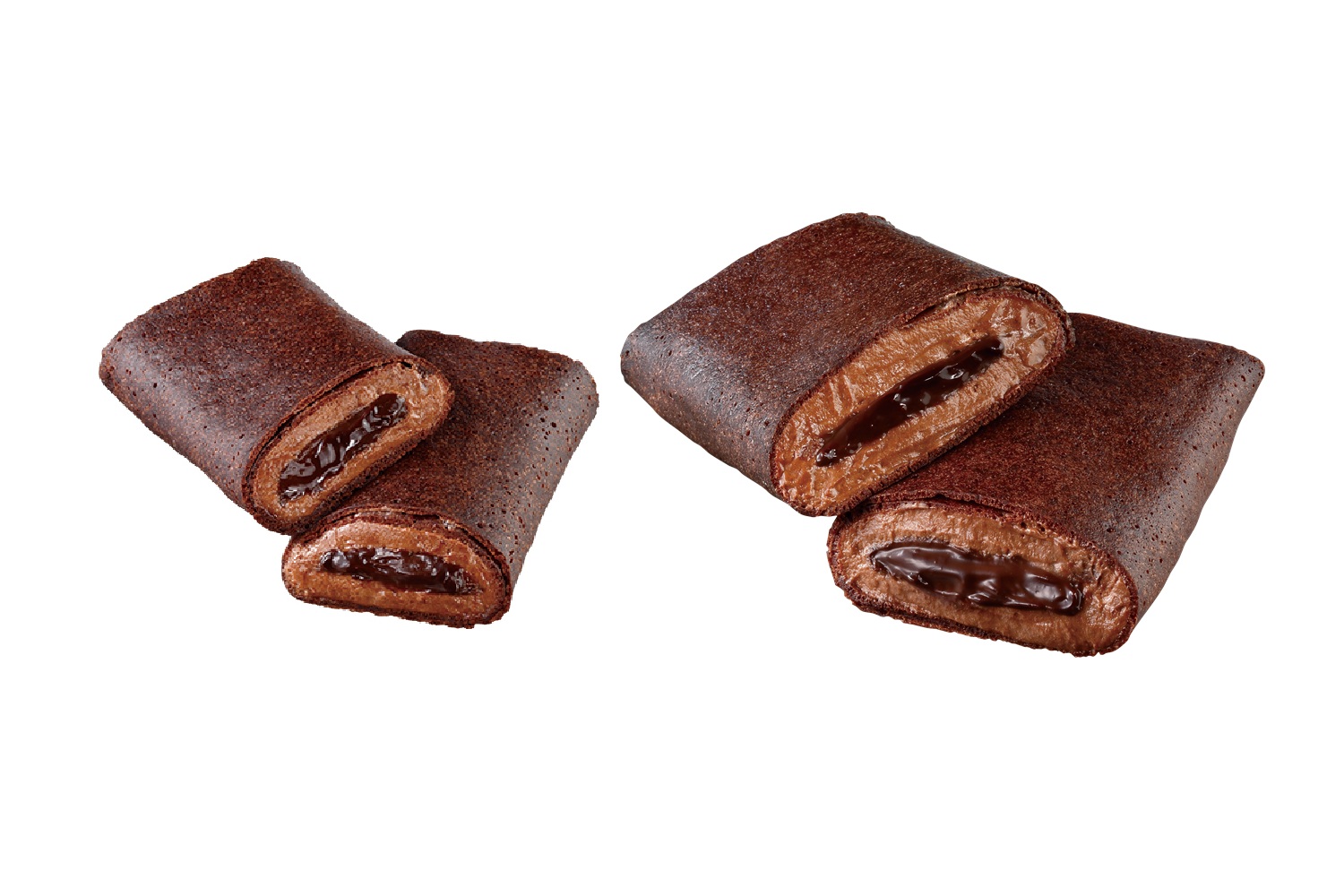 左が従来品、右が「「盛りすぎ！くちどけショコラクレープ」（265円）