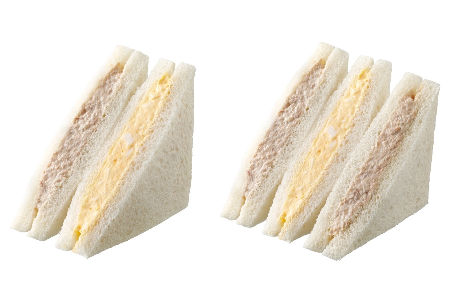 左が従来品、右が「盛りすぎ！ツナたまごサンド」（297円）