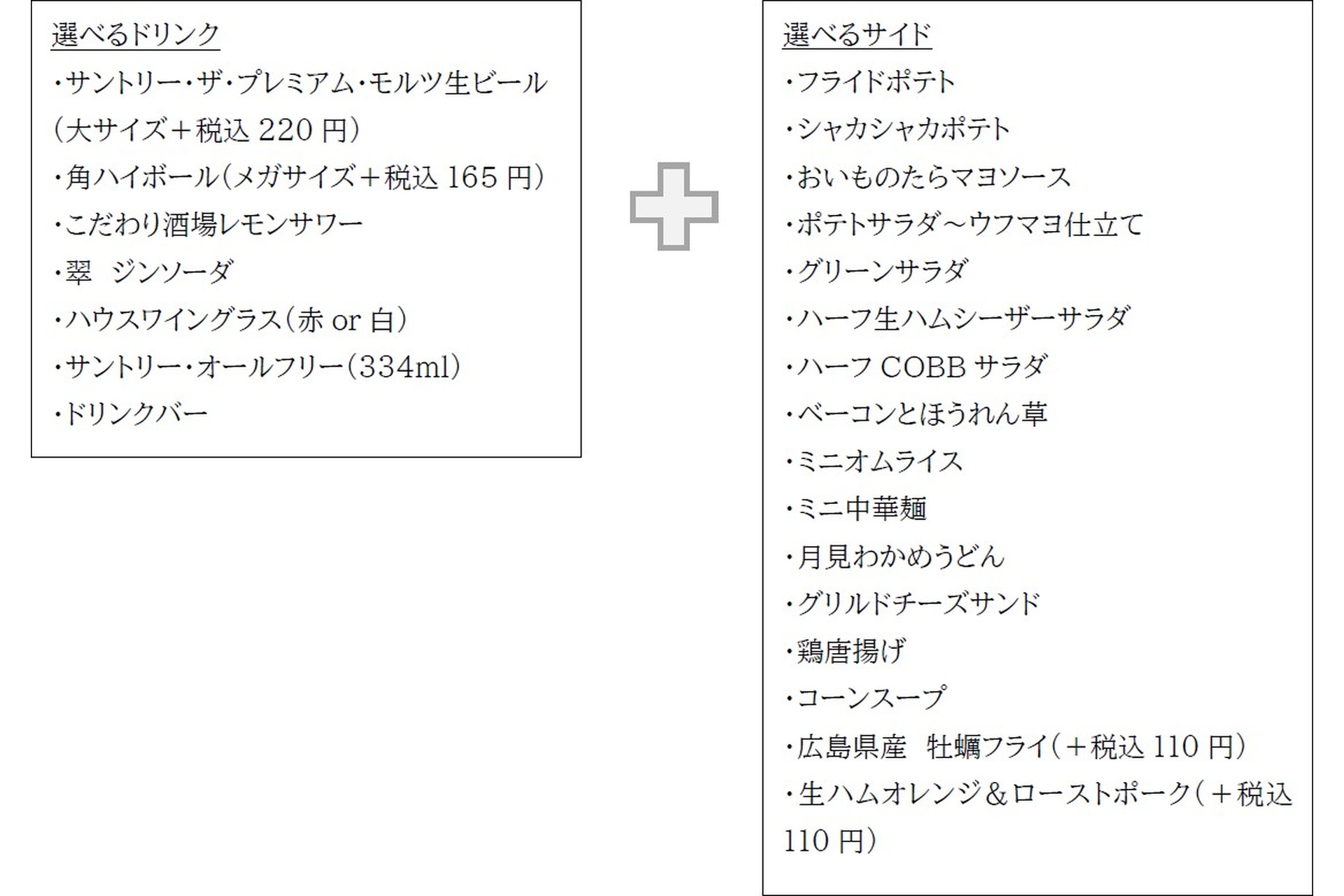 「恵方呑みセット」のドリンクとサイドメニューのラインアップ