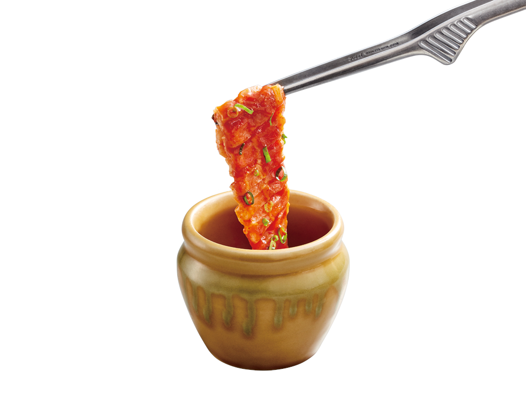 「オリジナルハイサイソースで食べる 壺漬けすだれ豚バラカルビ」（649円）