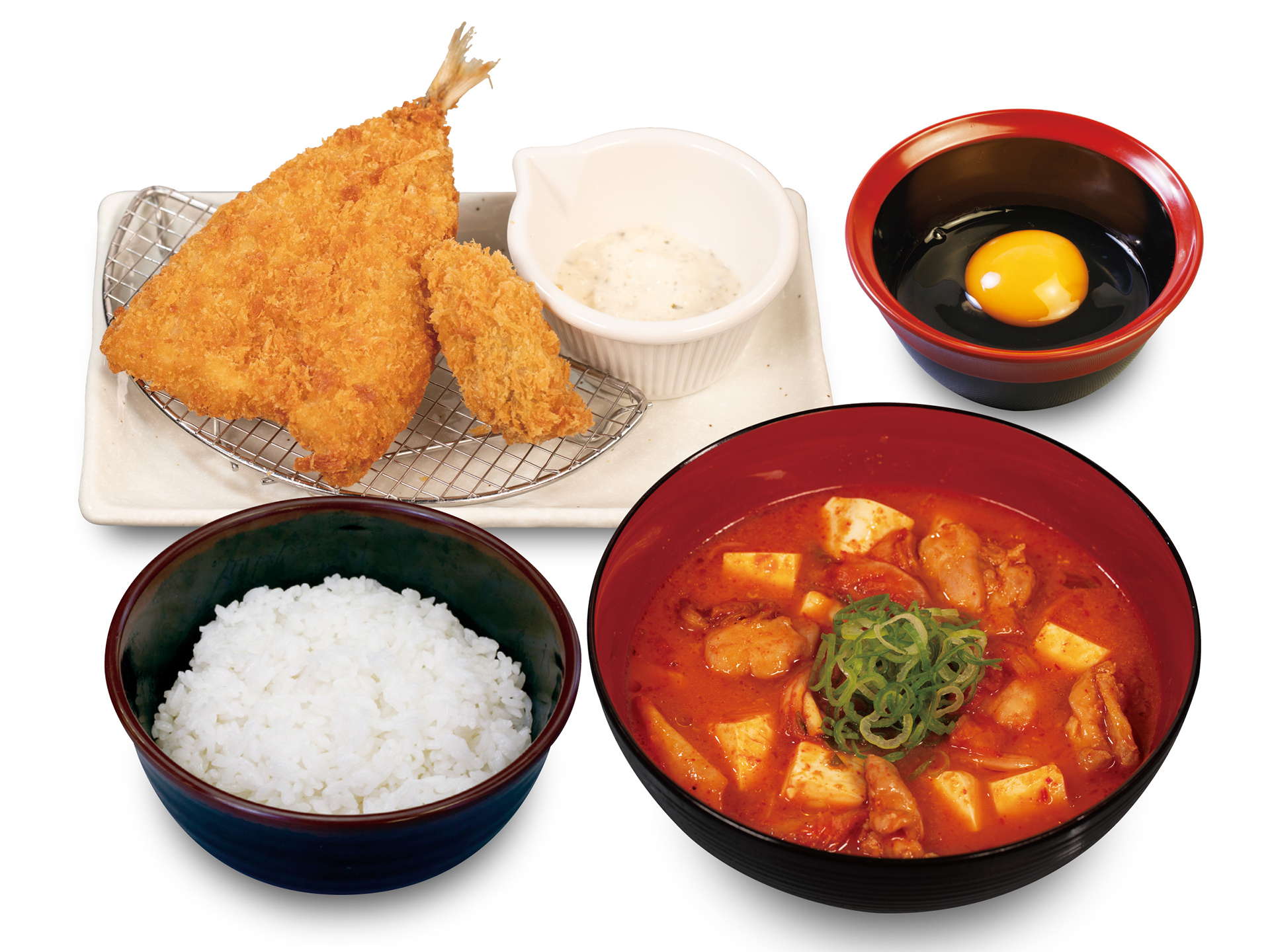「鶏豆腐キムチチゲ海鮮（牡蠣1個 鯵1尾）定食」（990円）