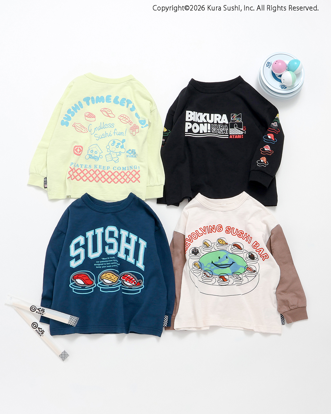 「防汚加工 くら寿司コラボ 4柄4色Tシャツ」（ブラック/ネイビーブルー/オフホワイト/ライム、各2970円）