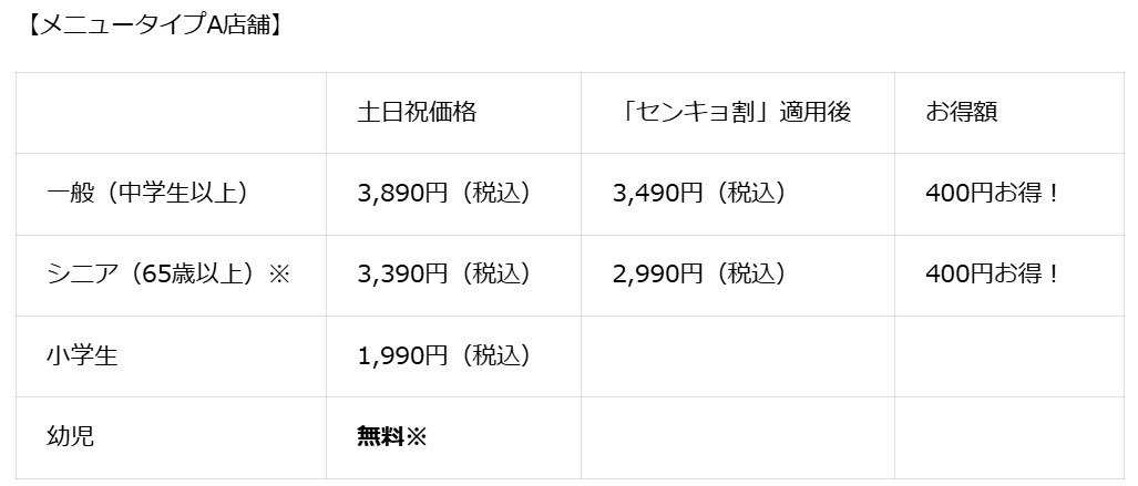 メニュータイプA店舗の料金