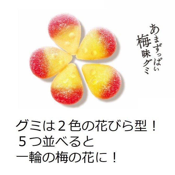 赤と黄色の花びら型のグミを並べると一輪の梅の花に