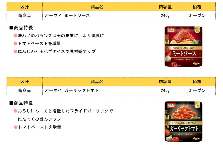 「オーマイ ミートソース」「オーマイ ガーリックトマト」
