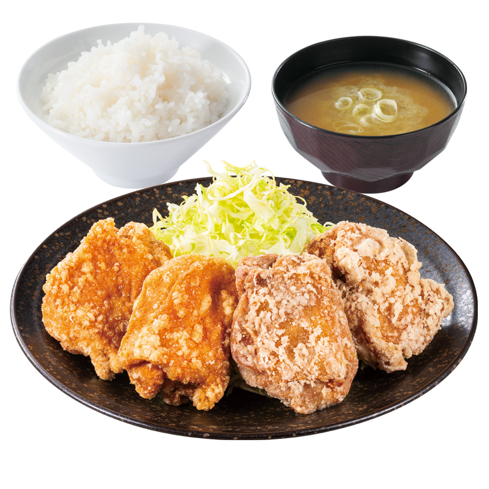 「にんにくからあげ合盛り定食」（869円/券売機店舗は870円）