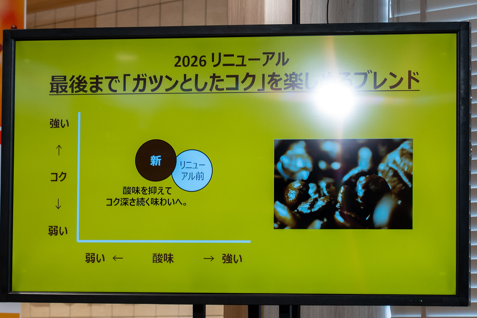酸味を抑えて冷めてもコク深さが続く味わいのブレンドになっている