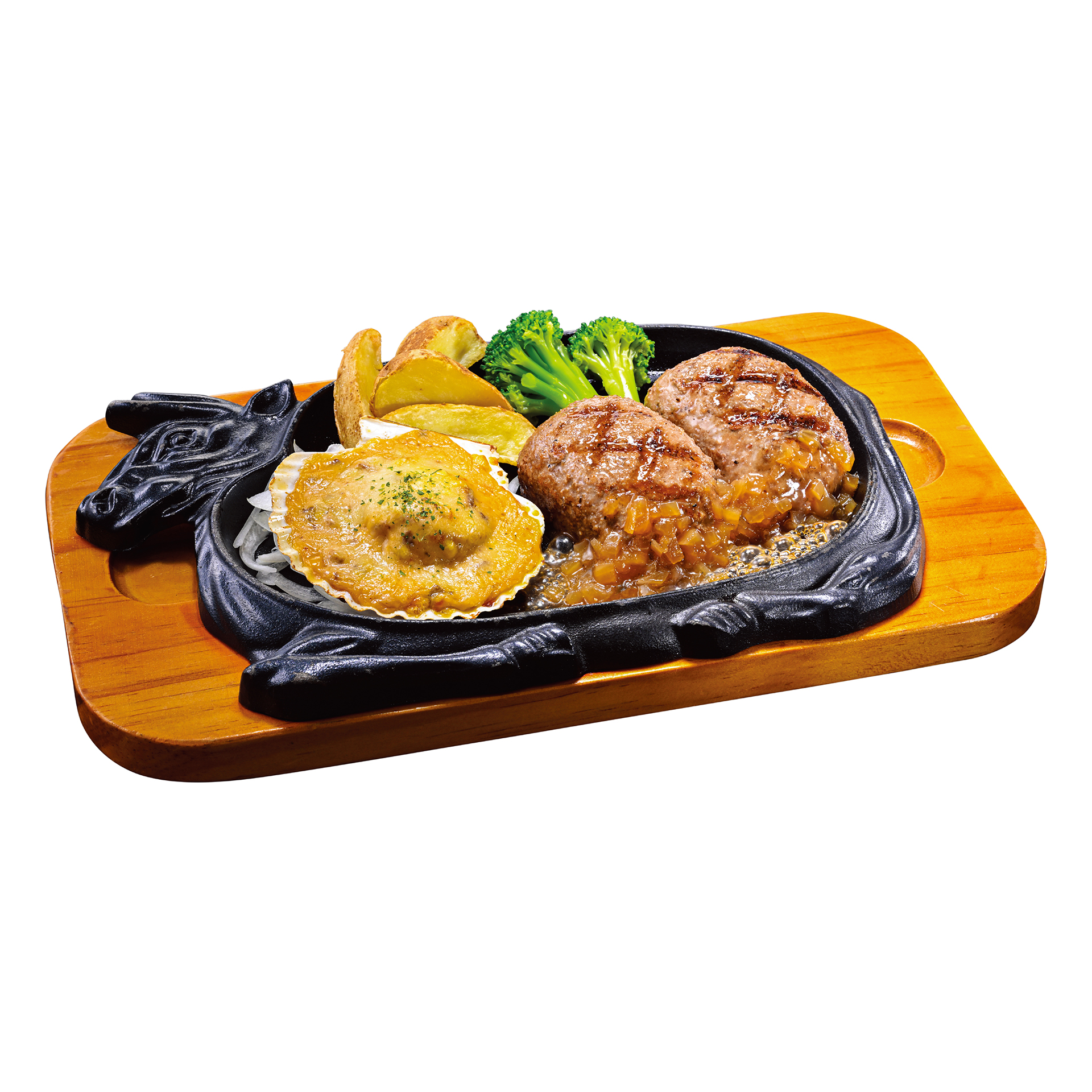 「殻付きホタテ＆大俵ハンバーグ」（150g 1595円、200g 1705円、250g 1925円）
