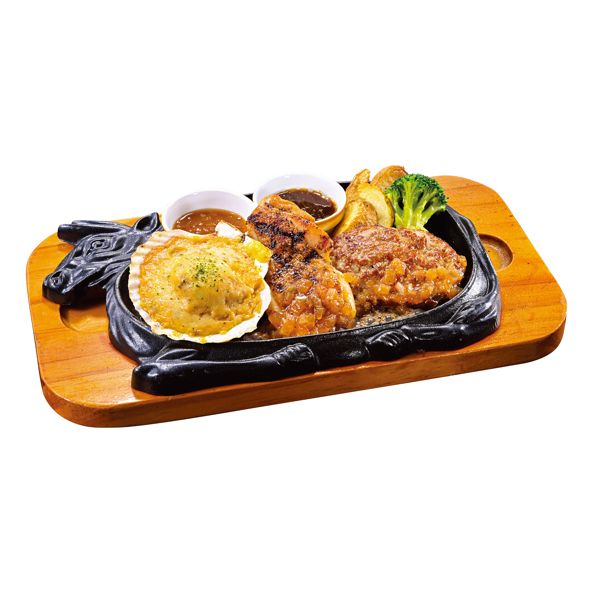 「殻付きホタテのトリプルコンビネーション（手ごねハンバーグ100g、グリルチキン100g）」（1639円）