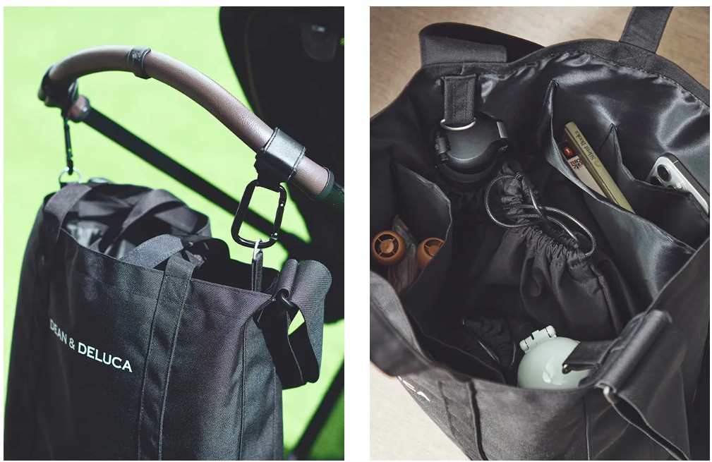 軽量かつ耐久性に優れたナイロン素材「CORDURA fabric」を使用。フックを使えば、ベビーカーハンドルへの取り付けも可能