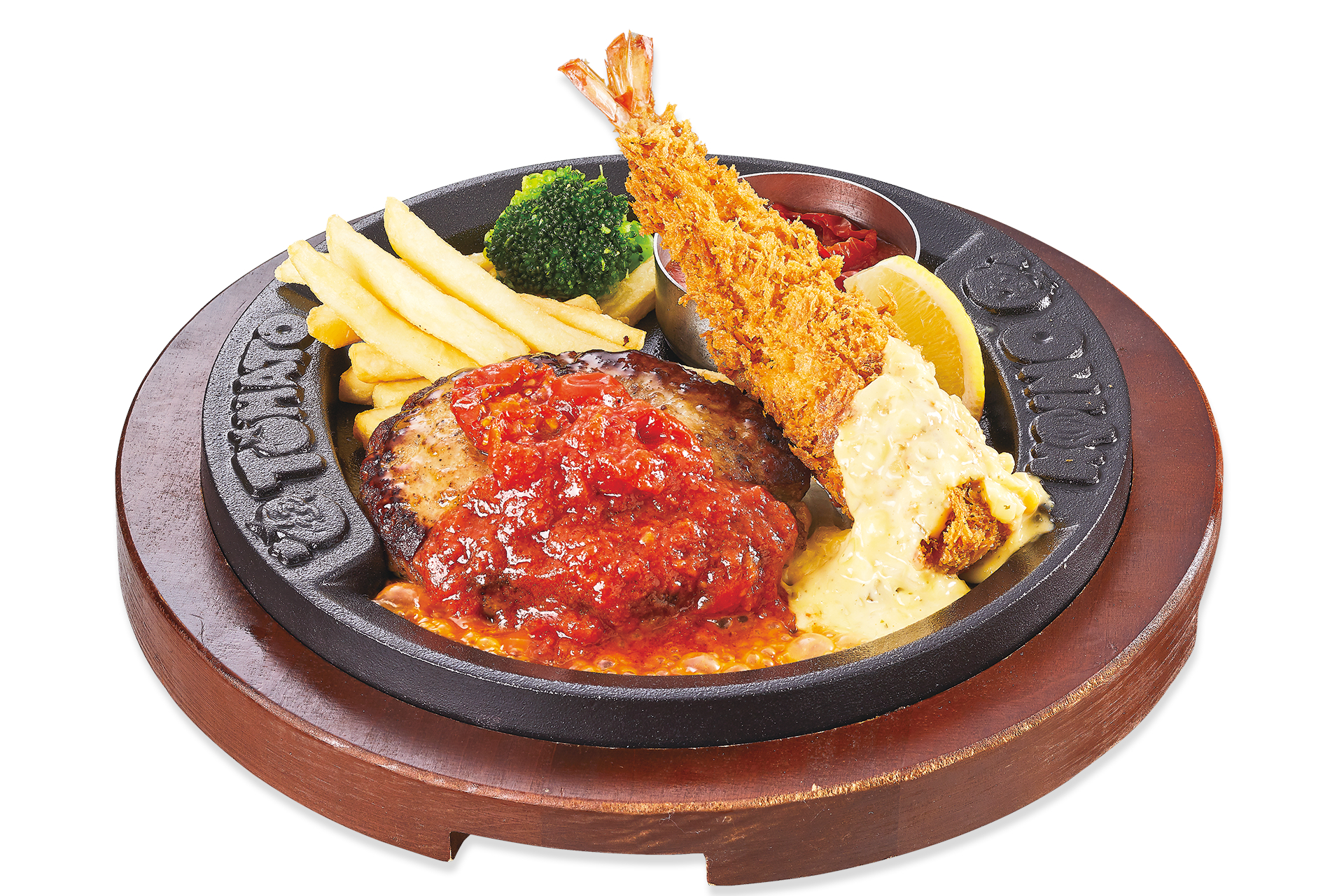 “黒毛和牛＆国産黒豚”幸せのハンバーグ＆ジャンボ海老フライ（ポモドーロソース）