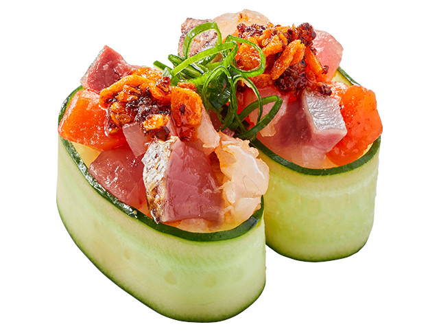 「海鮮たたきザク旨ラー油 かっぱ軍艦」（二貫190円～）