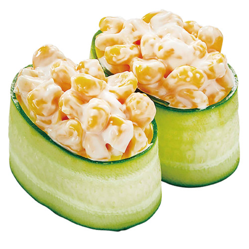 プリッとした粒感と口いっぱいに広がるコーンの甘さがマヨネーズのコクと合う「感動コーン かっぱ軍艦」（二貫110円～）