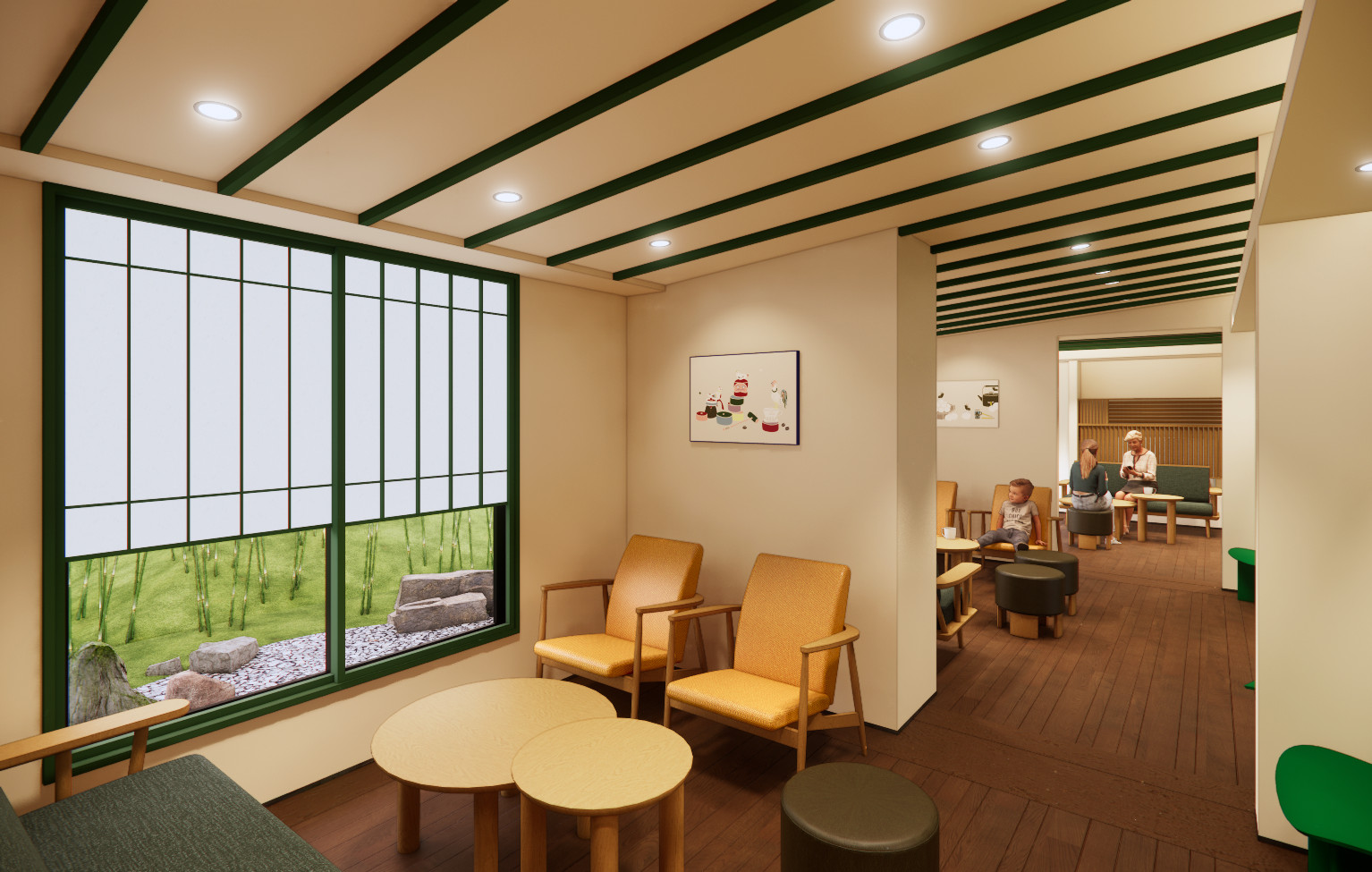 区切られた個室のようなレイアウトで窓から園内の眺めを楽しめる