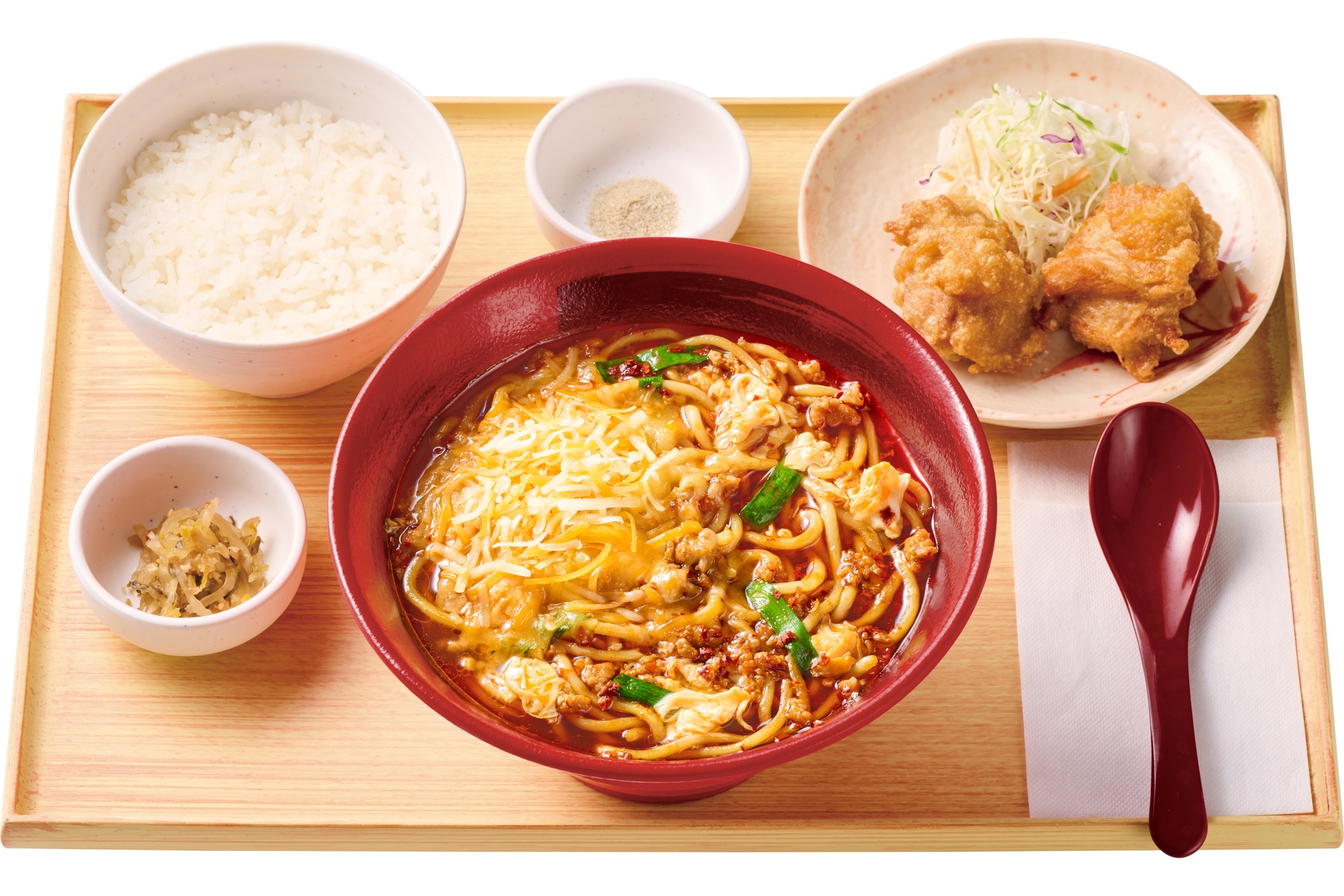 【たっぷりチーズ】辛うま麺とから揚げの定食