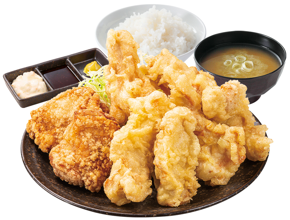 「とり天倍盛り合盛り定食」（1199円/券売機店舗は1200円）