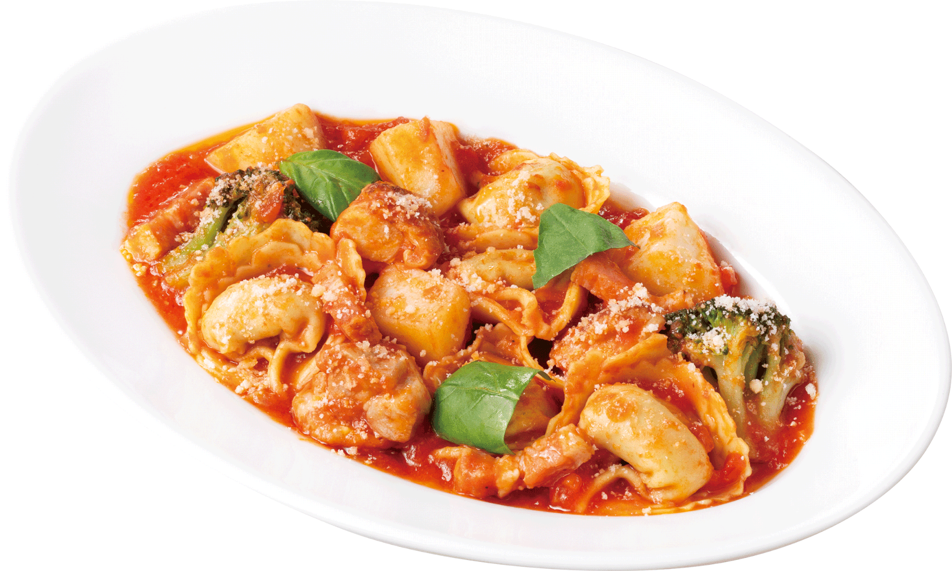 ラビオリ グリルチキンとブロッコリーのトマトソース