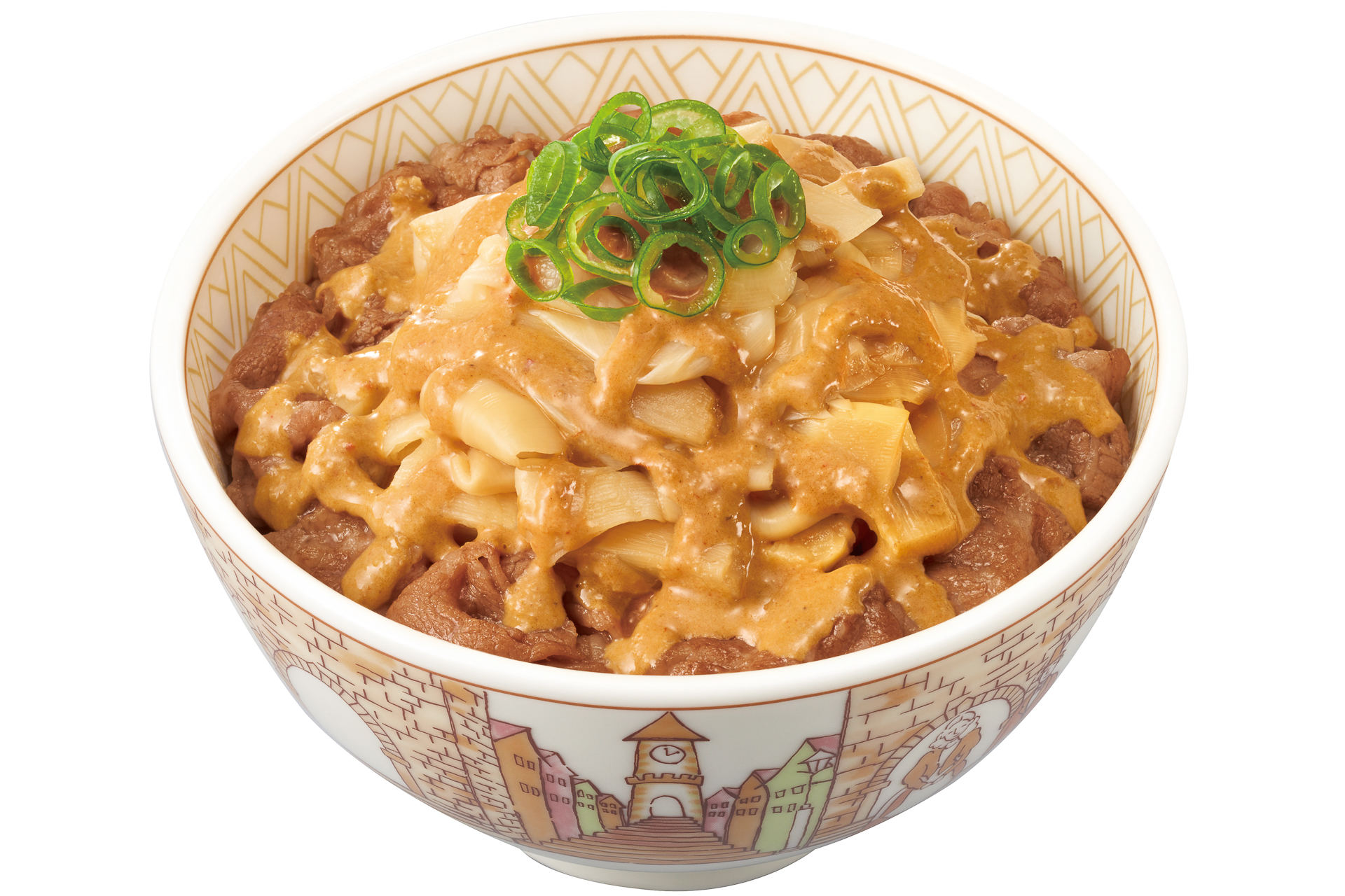 「胡麻ダレたけのこ牛丼」（ミニ 630円、並盛 690円、中盛 890円、大盛 890円、特盛 1090円、メガ 1270円）