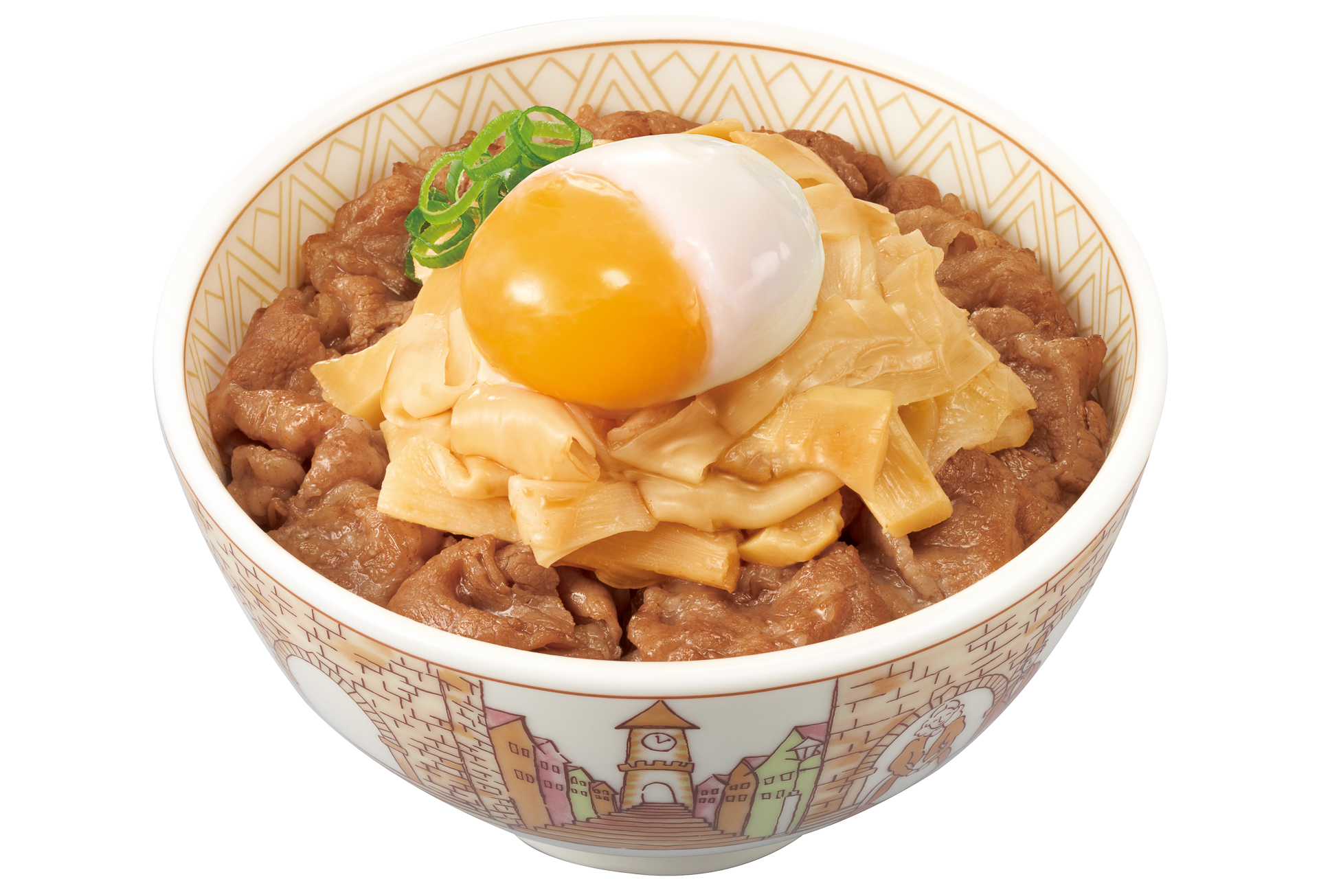 「おんたま旨だしたけのこ牛丼」（ミニ 710円、並盛 770円、中盛 970円、大盛 970円、特盛 1170円、メガ 1350円）