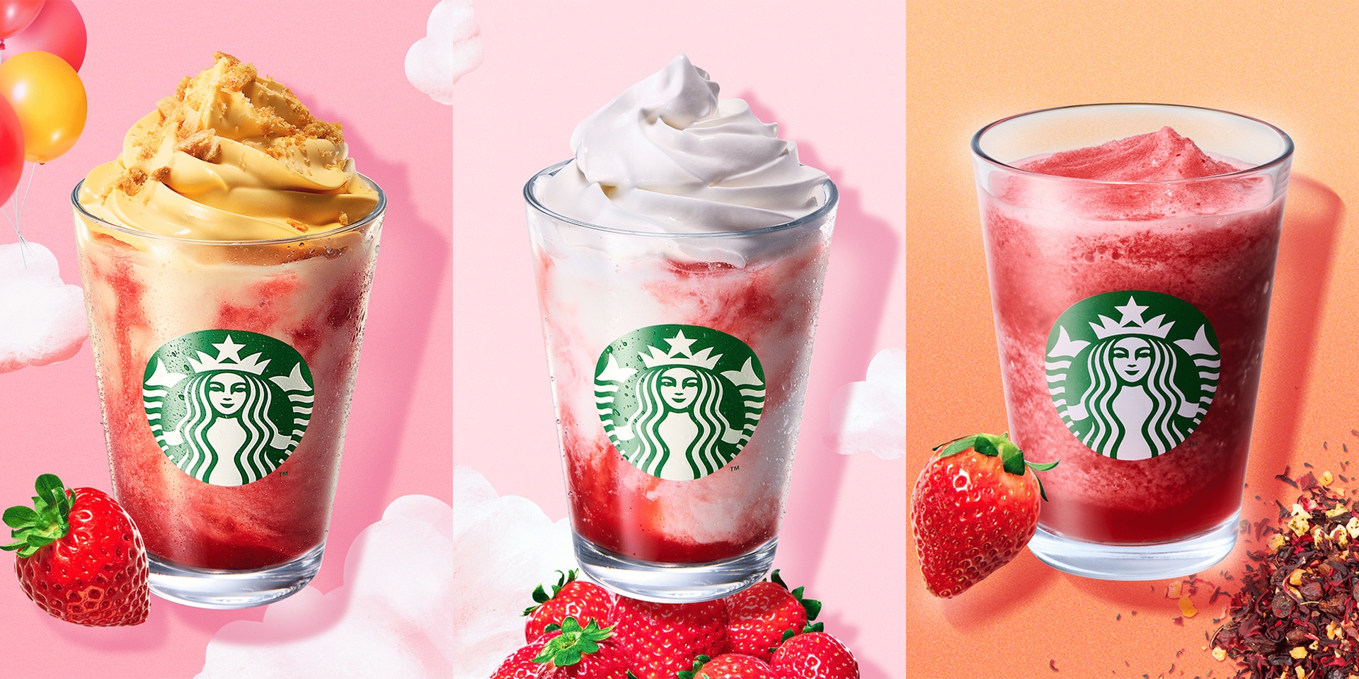 スターバックスの「ストロベリー シュークリーム フラペチーノ」「スターバックス ストロベリー フラペチーノ」「ストロベリー ＆ パッション ソルベ ティー」