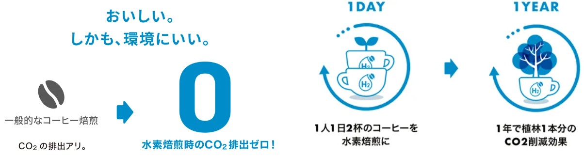 いつものコーヒーを水素焙煎に切り替えた場合、毎日2杯（例えば朝の1杯、午後の1杯）で、年間に植林1本分のCO2排出削減効果がある