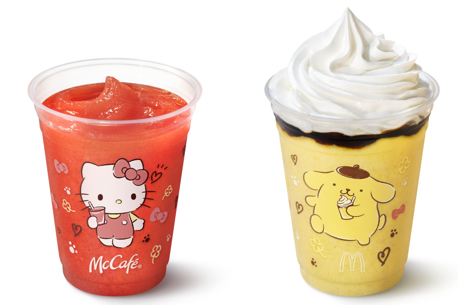 マクドナルドの「ハローキティのジューシーいちごスムージー」「ポムポムプリンのクリーミープリンフラッペ」