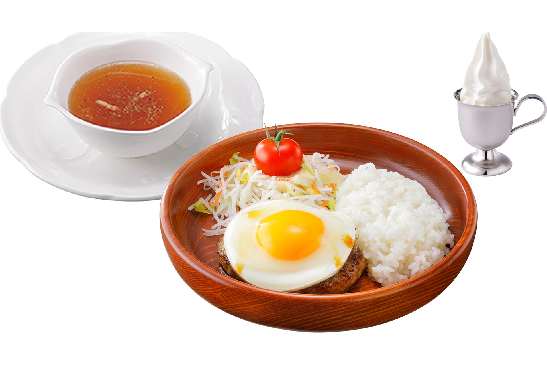 ライトセット（エッグ、チーズ、おろしそ、パイン/写真のハンバーグはSSサイズ）