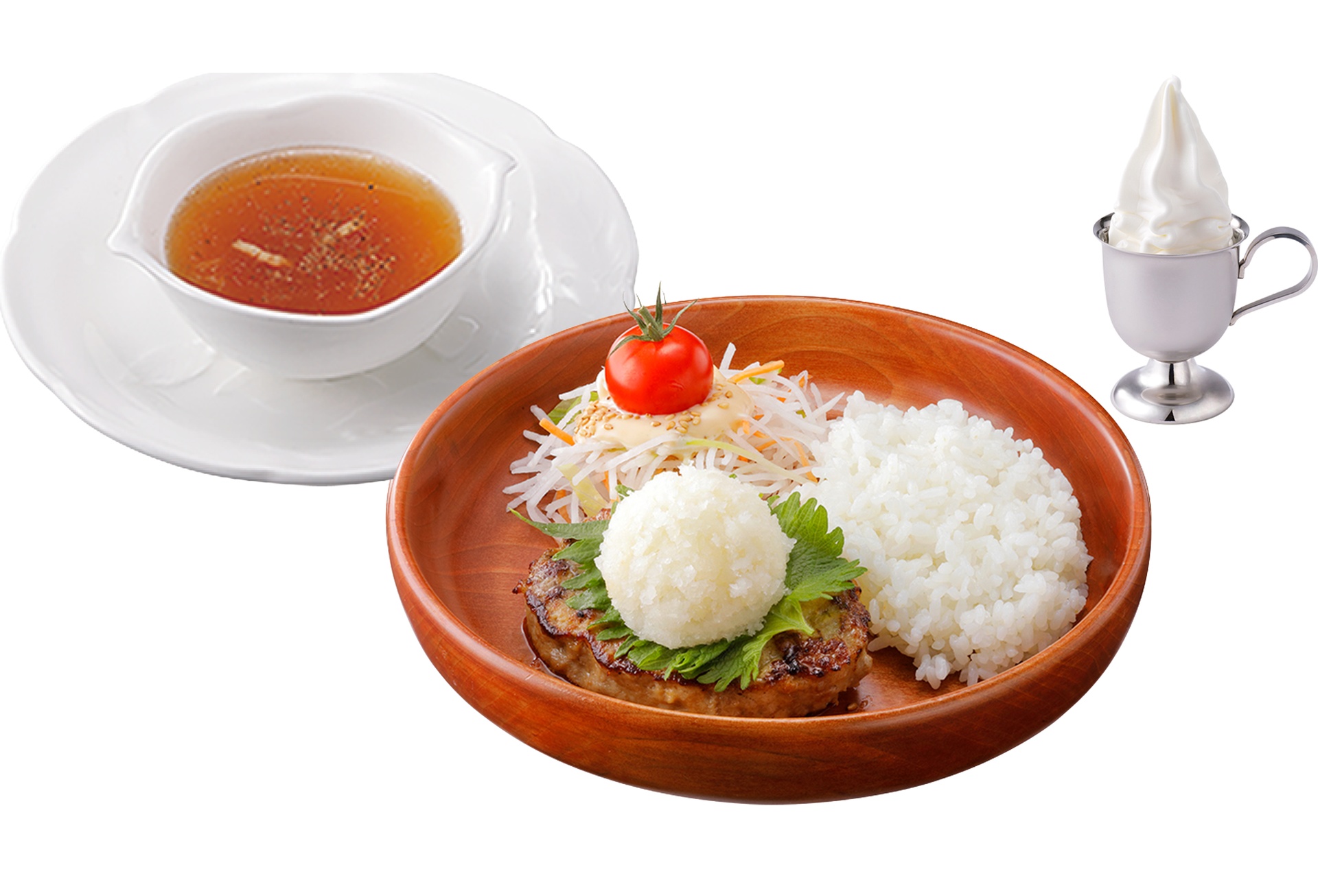 ライトセット（エッグ、チーズ、おろしそ、パイン/写真のハンバーグはSSサイズ）