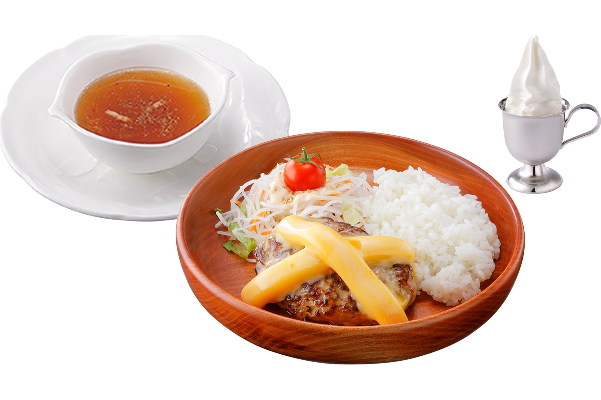 ライトセット（エッグ、チーズ、おろしそ、パイン/写真のハンバーグはSSサイズ）