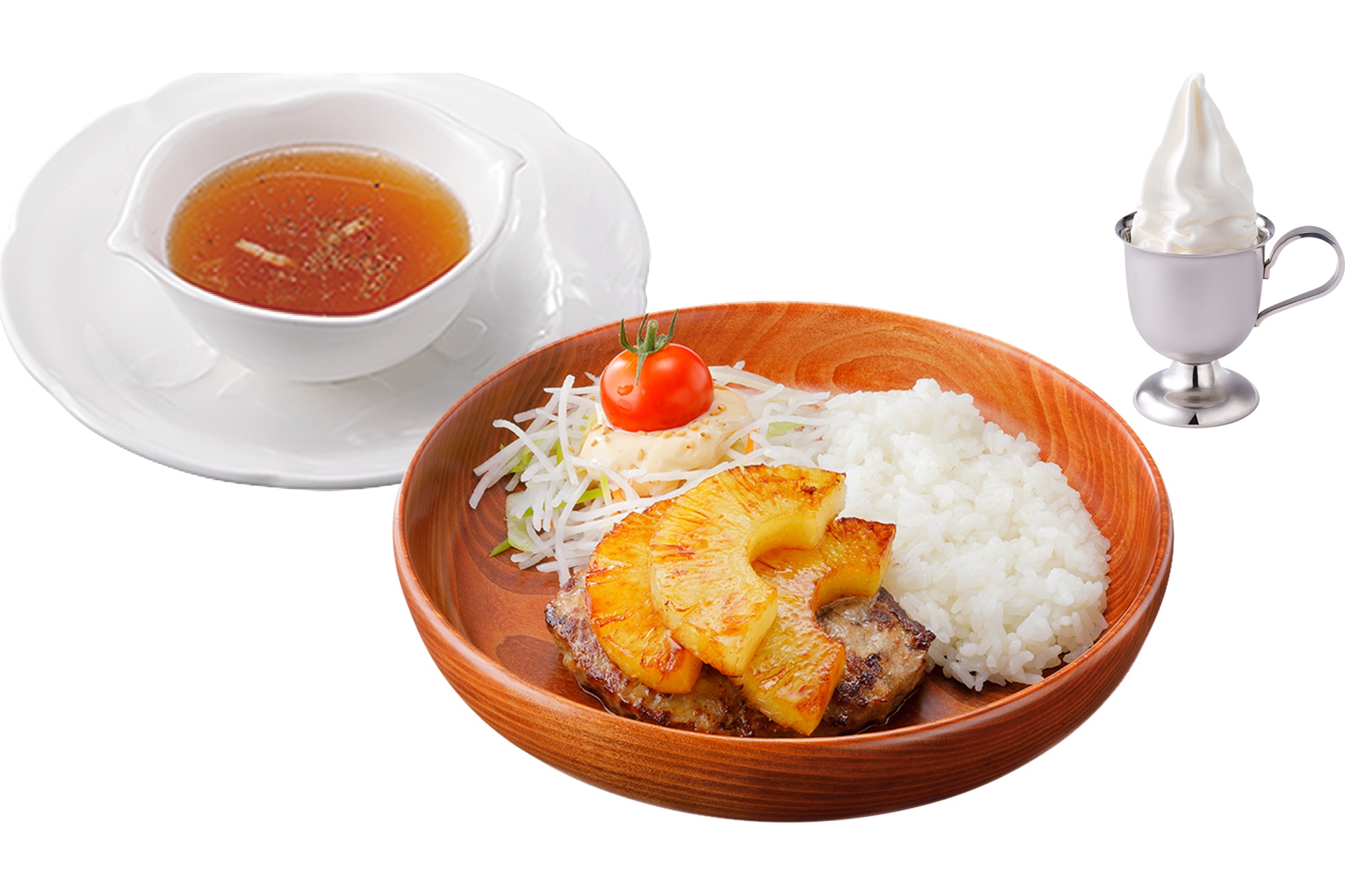 ライトセット（エッグ、チーズ、おろしそ、パイン/写真のハンバーグはSSサイズ）