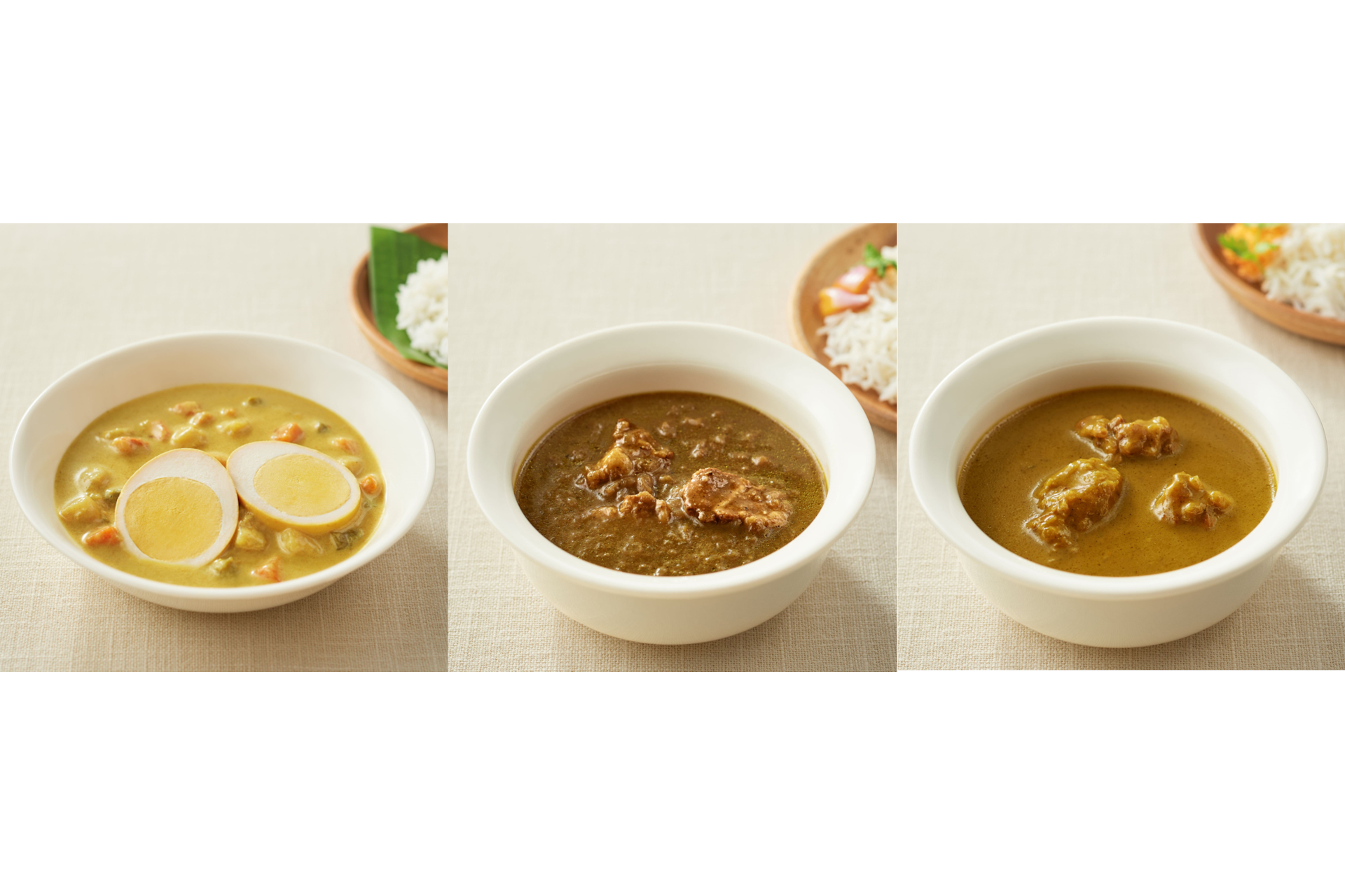 無印良品「たまごと野菜のクリーミーカレー」（左）「豚肉とタマリンドのスパイシーカレー」（中）「ココナッツと青唐辛子のチキンカレー」（右）
