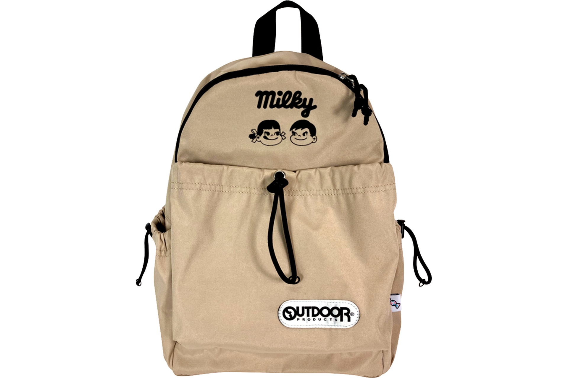 ミルキーブランドロゴと、ペコちゃん・ポコちゃんがデザインされたリュックサック