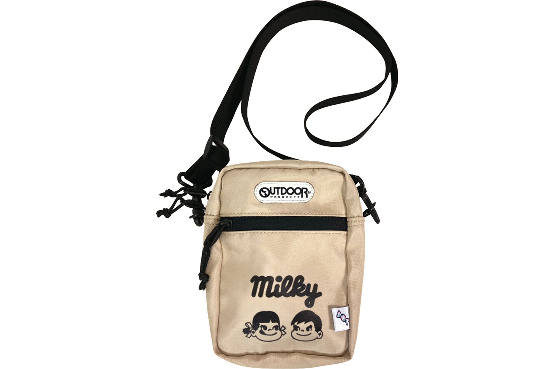 ミルキーブランドロゴと、ペコちゃん・ポコちゃんがデザインされたショルダーバッグ