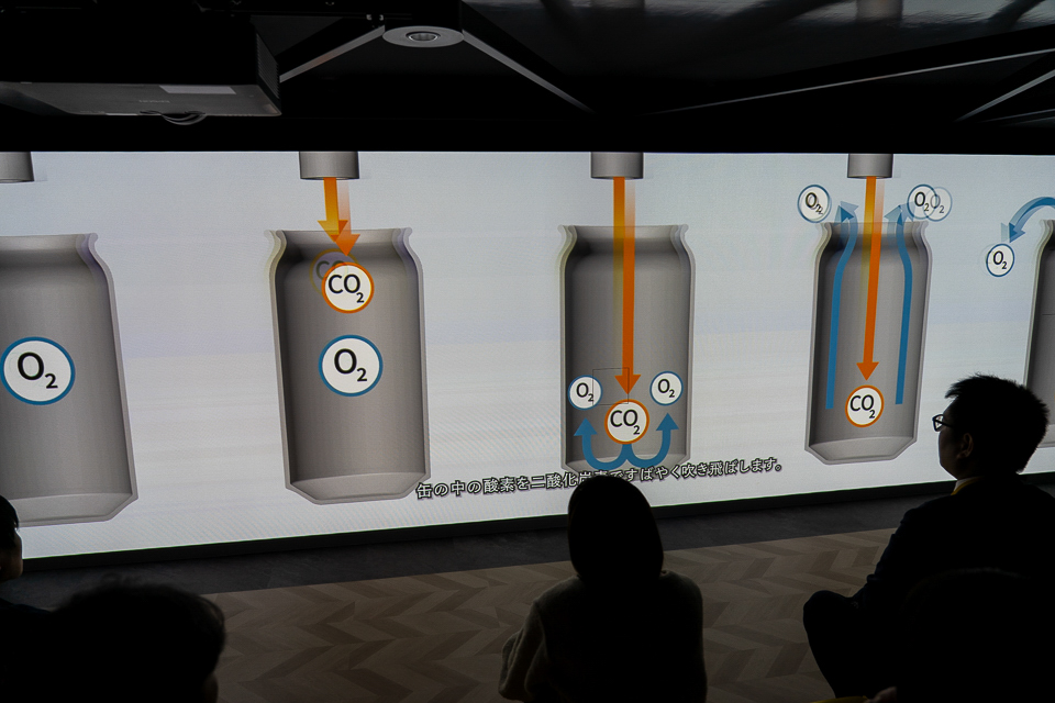 リニューアルされたパッケージングエリア。缶の洗浄から箱詰まで、一番搾りの製造ラインに潜入したかのような没入感ある映像だ
