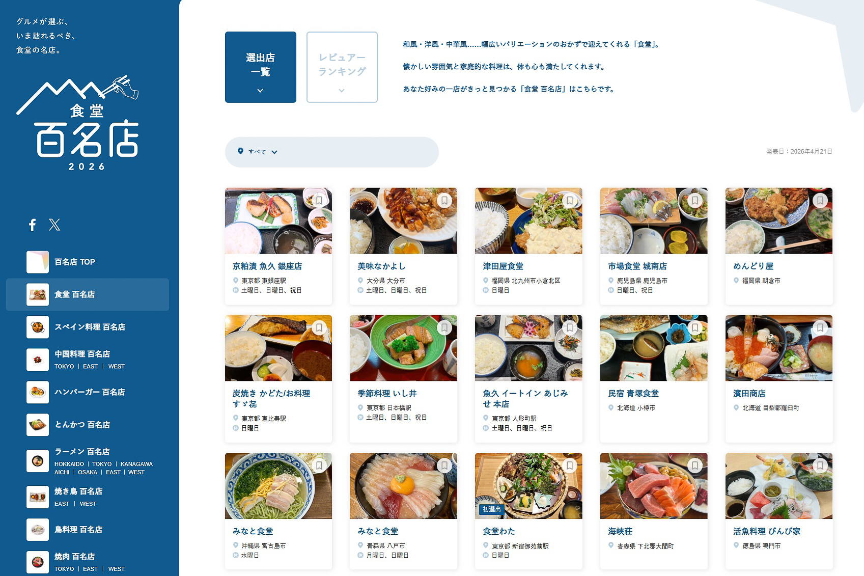 食べログ 食堂 百名店 2026