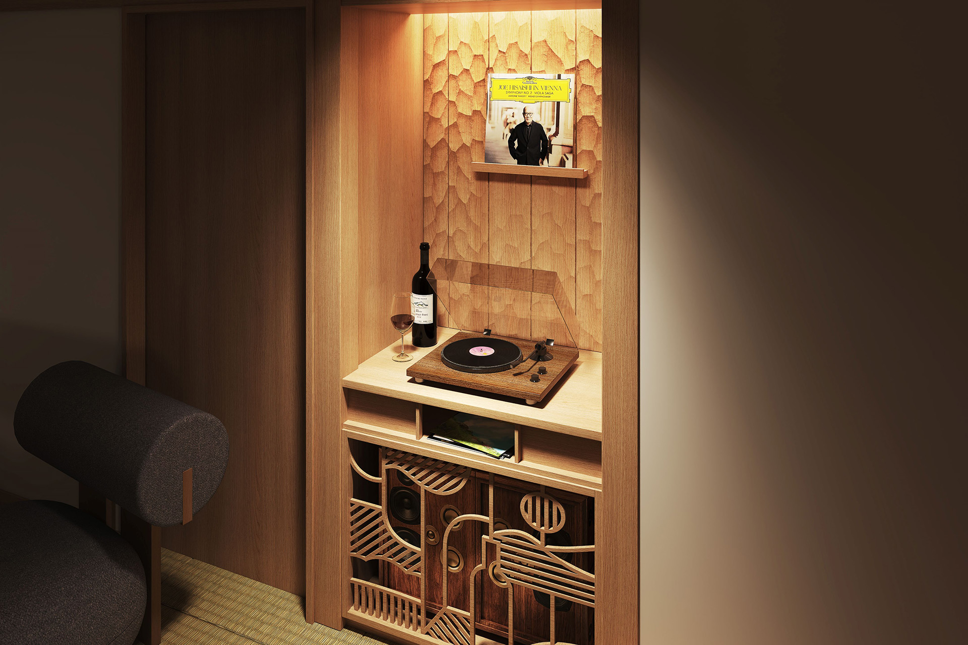 アナログレコードプレーヤーを全室に設置