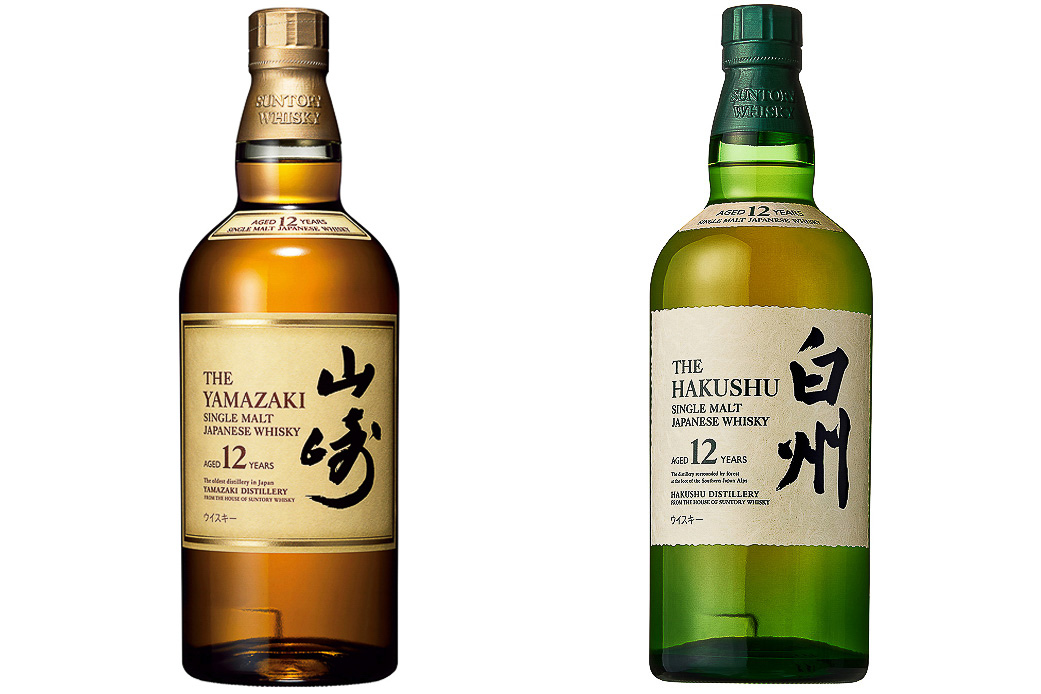 サントリーシングルモルトウイスキー山崎12年（左）と白州12年（右）