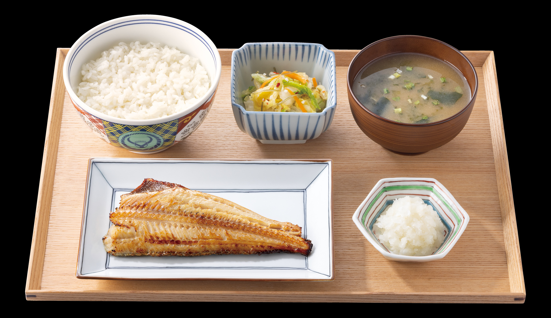 「ほっけ定食」ご飯、みそ汁、ほっけ、おろし、お新香付き