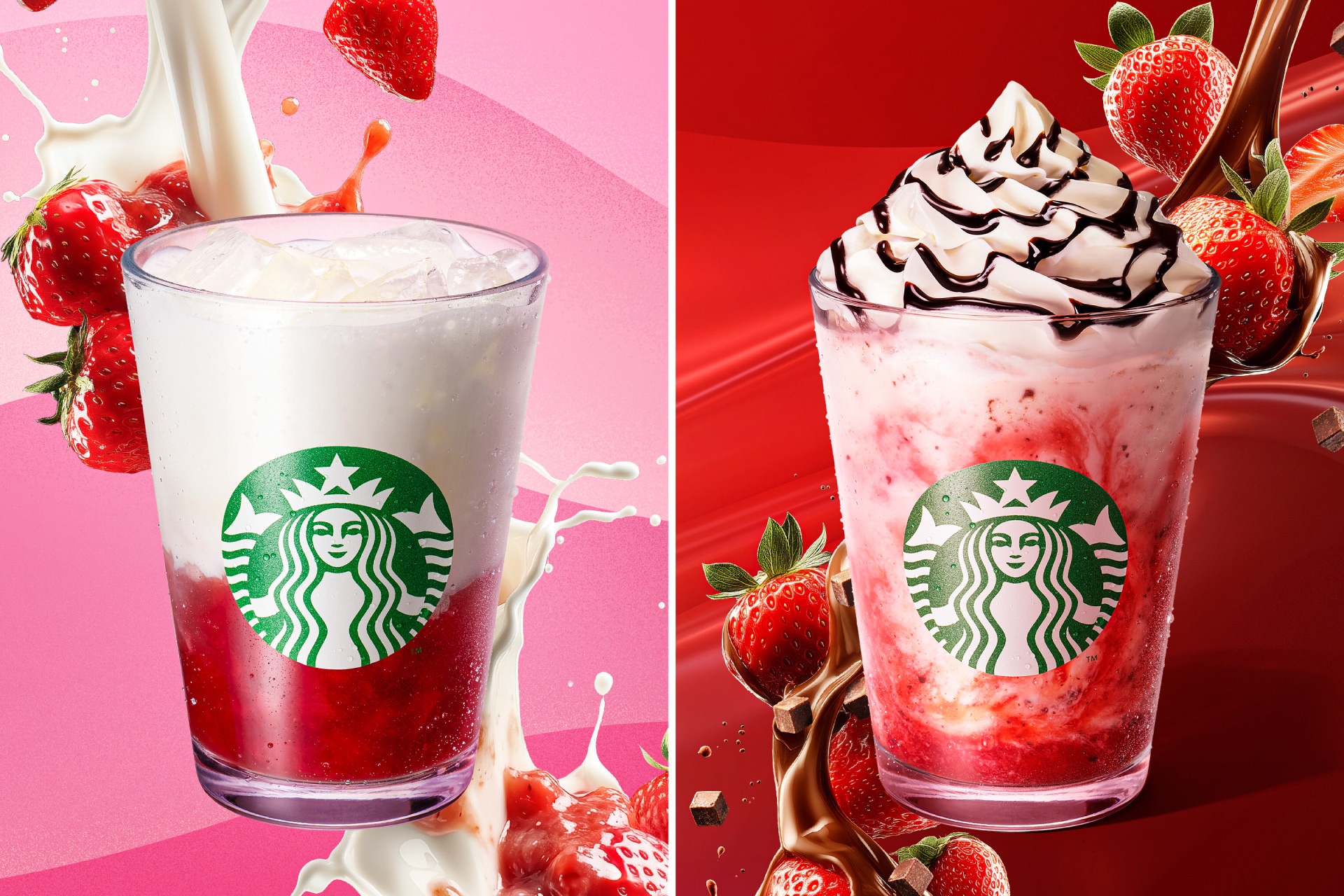 スターバックスの「ごろっと イチゴ ミルク」「イチゴ チョコレート フラペチーノ」