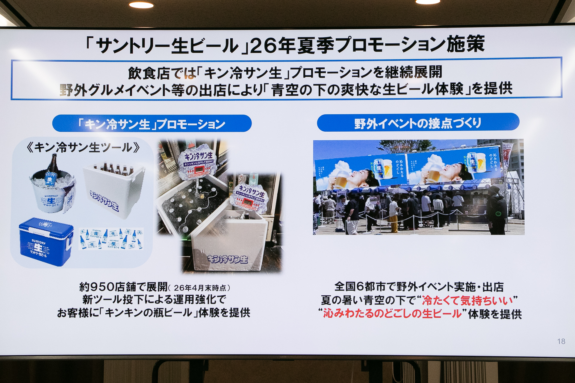 夏季プロモーションでは「電動サン生急冷器」が当たる6缶パックを7月7日から数量限定発売するほか、飲食店向け「キン冷サン生」プロモーションの継続展開、全国6都市での野外イベントも予定する