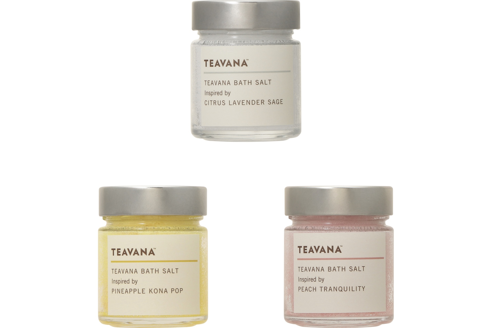 TEAVANA バスソルト Inspired by シトラス ラベンダー セージ（中央）、パイナップル コナ　ポップ（左）、ピーチ トランクイリティ（右）