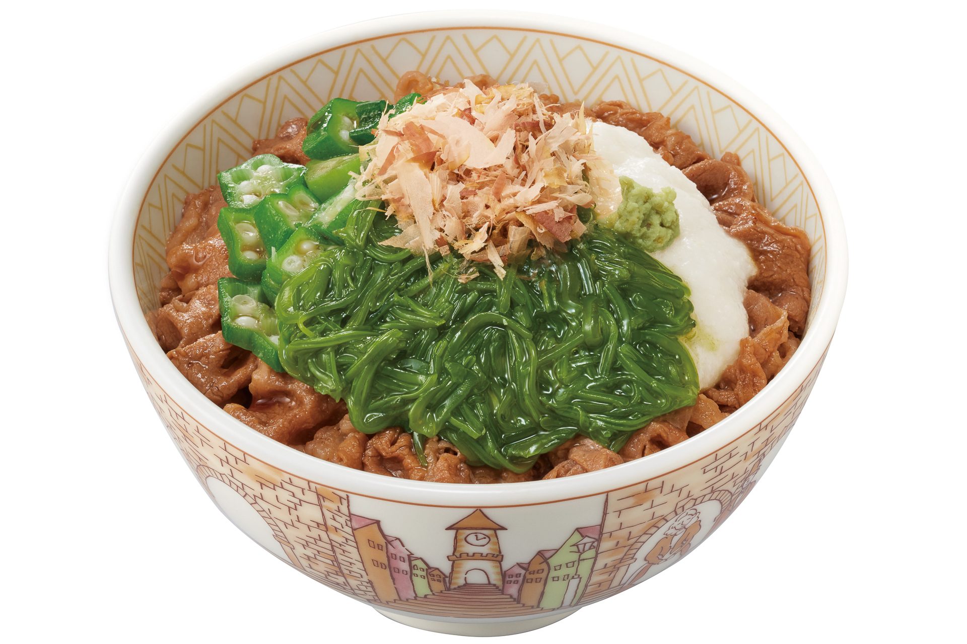 「山かけめかぶオクラ牛丼」（ミニ 740円、並盛 800円、中盛 1000円、大盛 1000円、特盛 1200円、メガ 1380円）