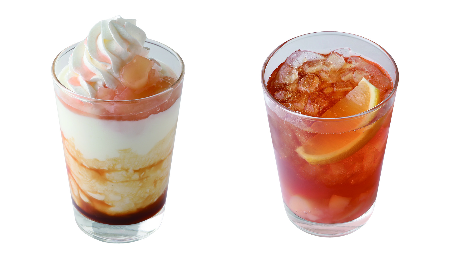モスバーガー＆カフェ「デザートシェイク ピーチティー」（左）、「ごろっとピーチのアイスティー」（右）