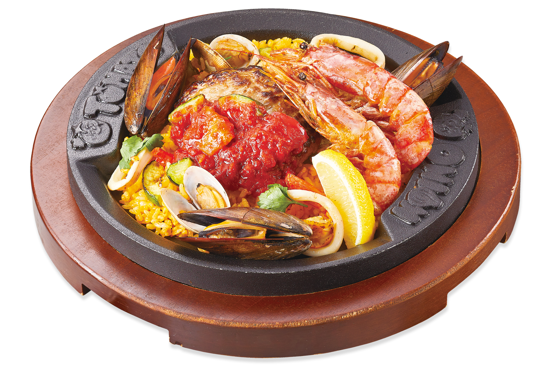 「具だくさんシーフードのパエリアONハンバーグ ～アリオリソース添え～」（2309円）