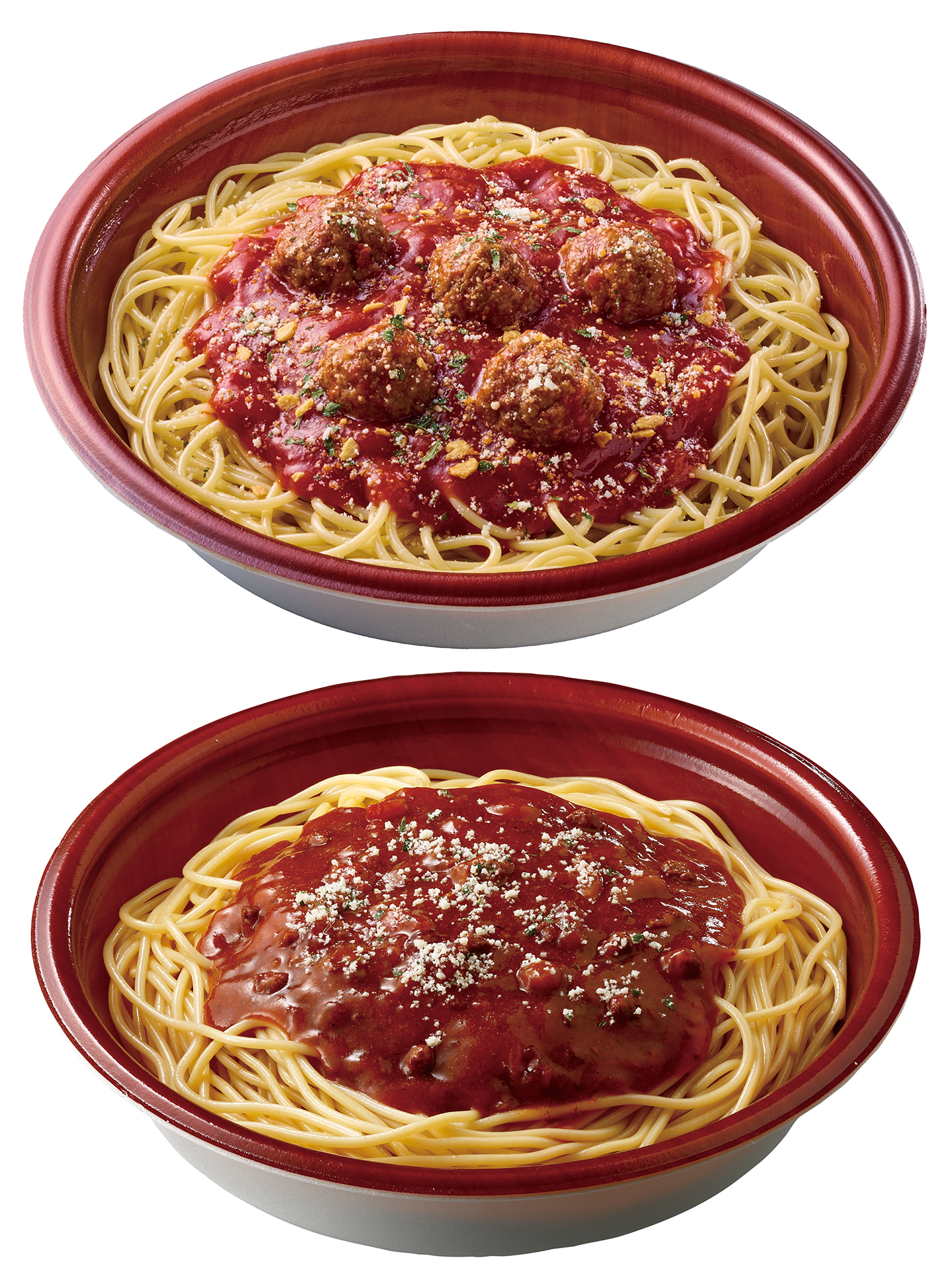 「合わせすぎ！ミートソース＆トマトガーリックパスタ」（697円、写真左は従来品）
